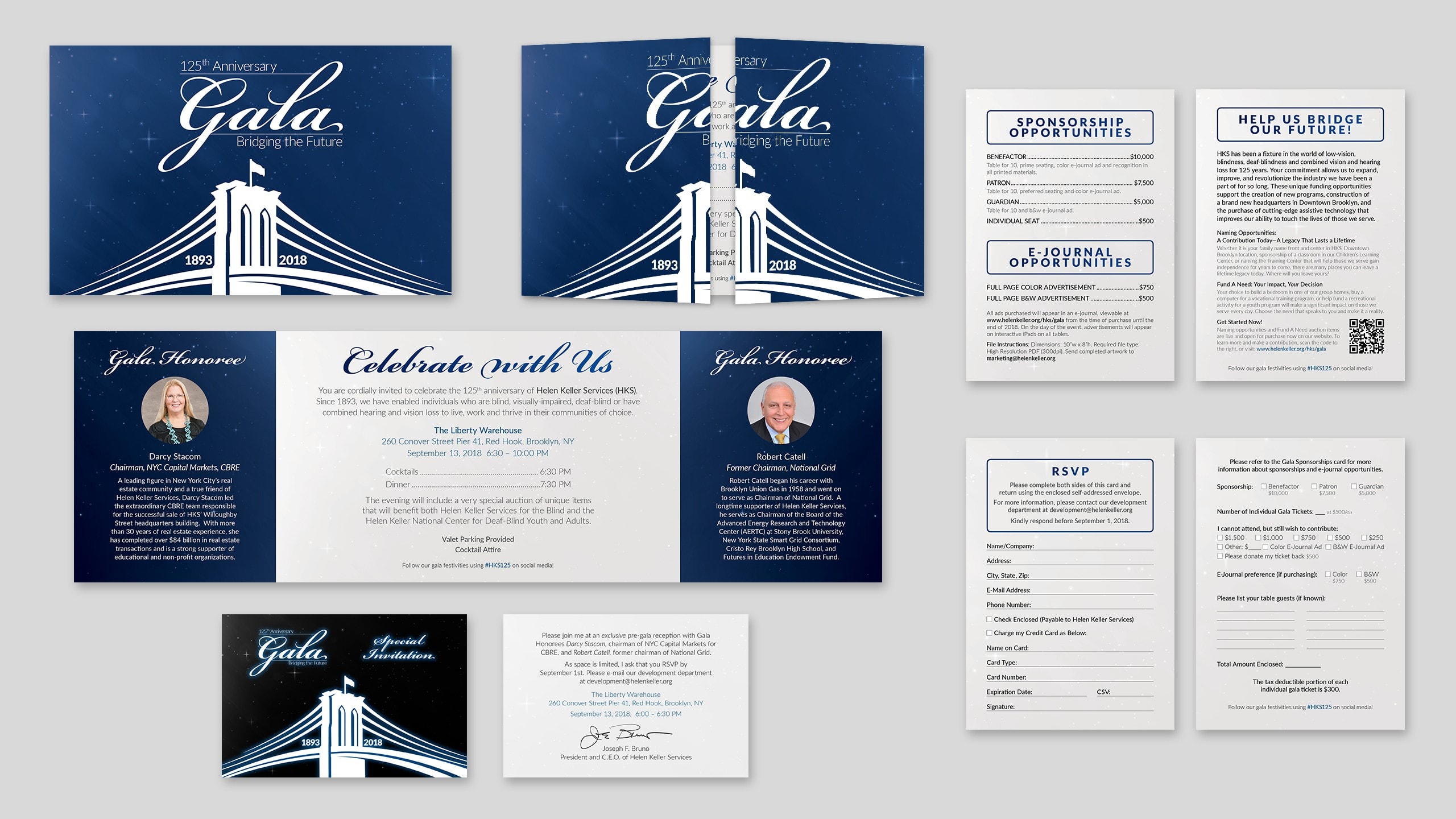 Graphics depict a 125th Anniversary Gala invitation package, including a double gate fold invitation, RSVP card, and VIP note card