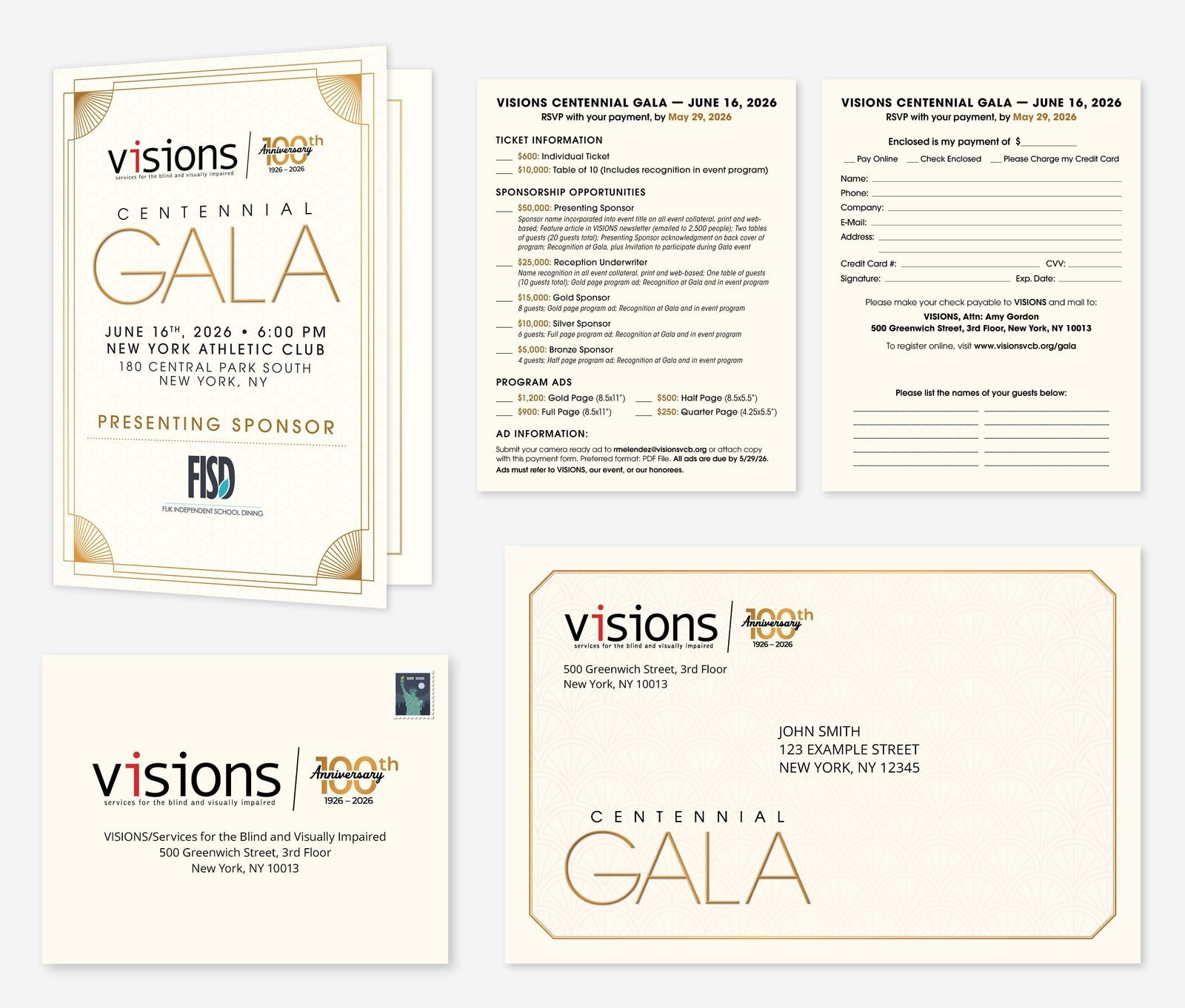 Mockup of VISIONS Gala invitation package, including a folded invitation, double sided RSVP card, reply envelope, and main event envelope.
