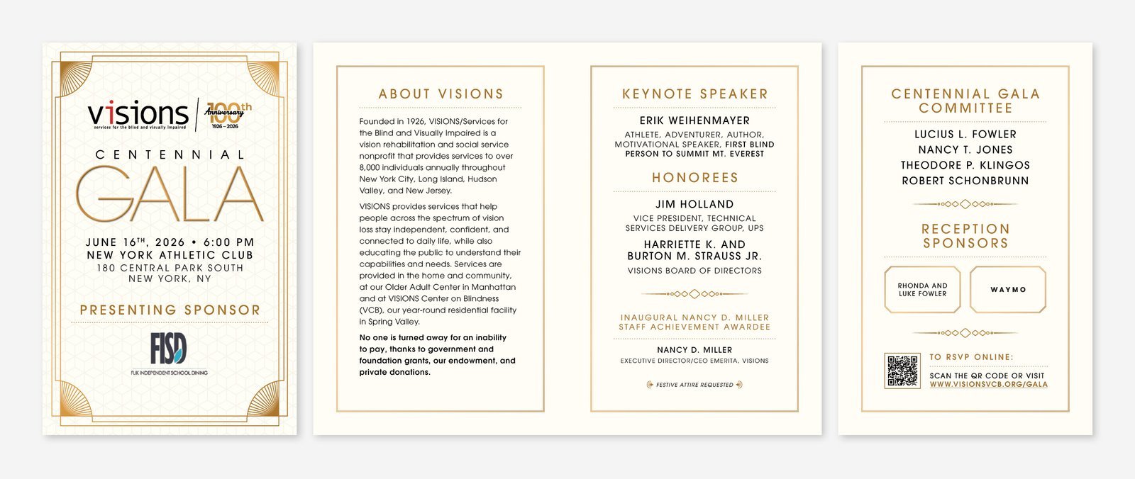 Mockup of VISIONS Gala invitation package, including a folded invitation, double sided RSVP card, reply envelope, and main event envelope.