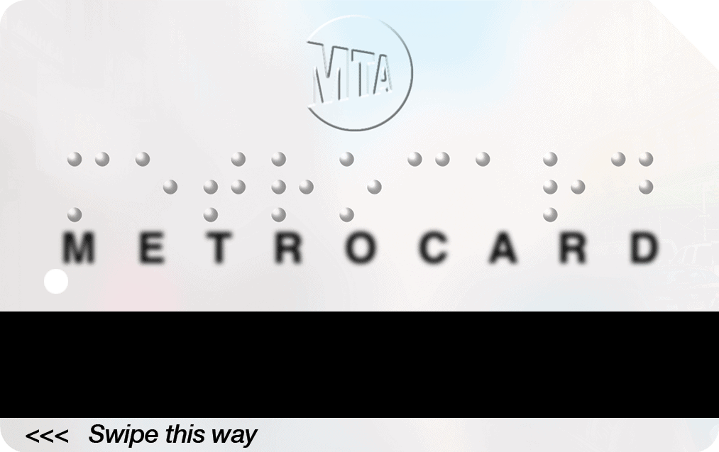 Photo of the front of a MetroCard. The design of the card features the word MetroCard spelled out in large colorful circles.