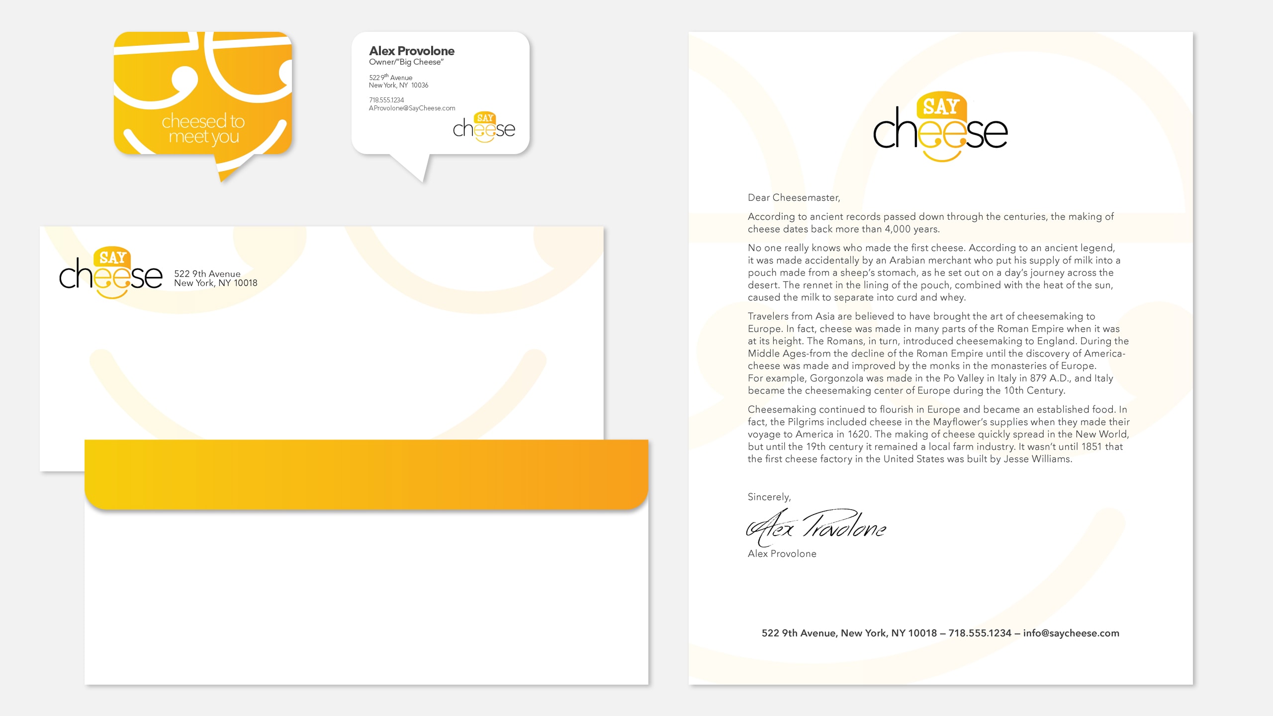 Mockup of a business card, envelope, and letterhead bearing the restaurant's logo
