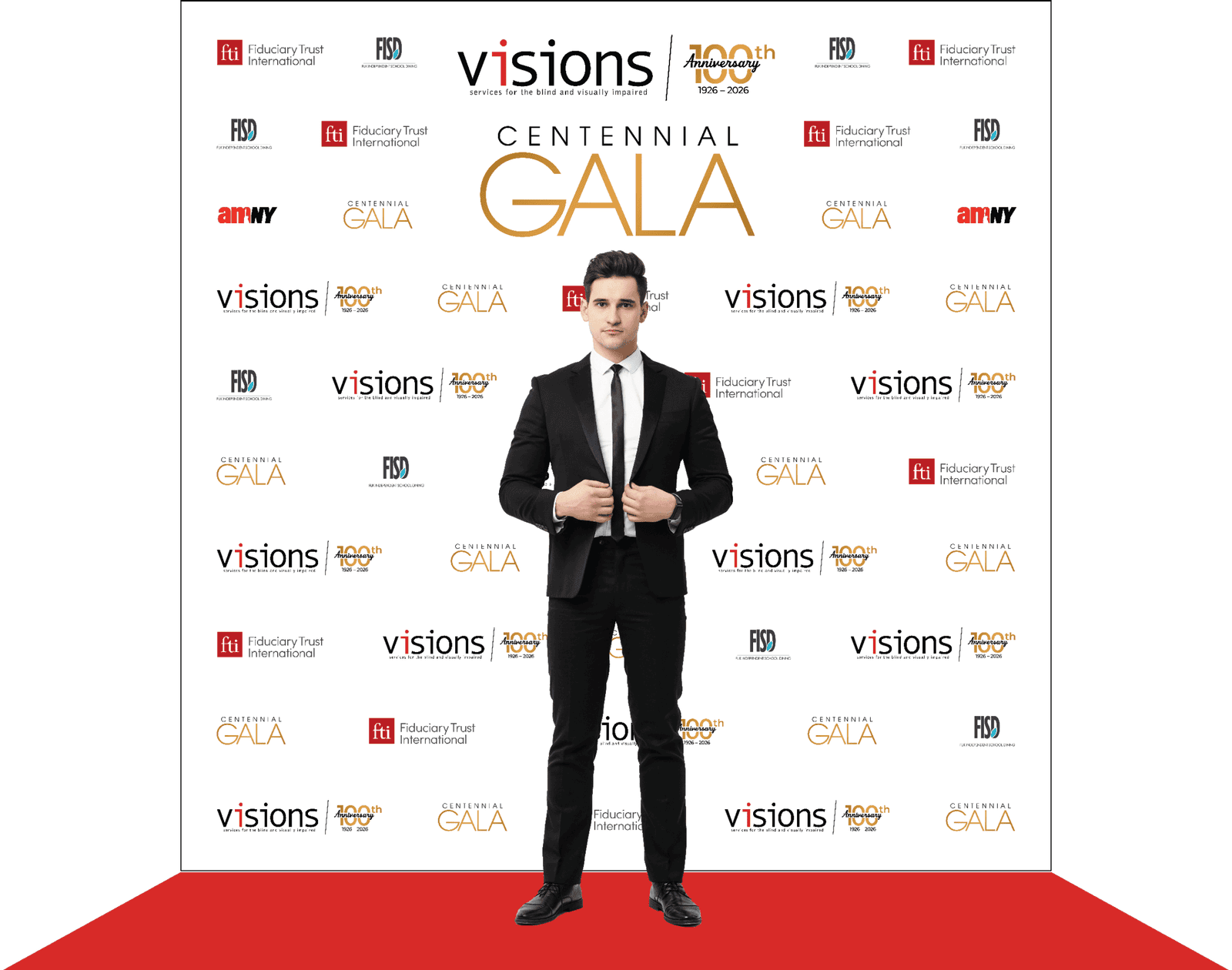 Mockup of VISIONS Gala invitation package, including a folded invitation, double sided RSVP card, reply envelope, and main event envelope.