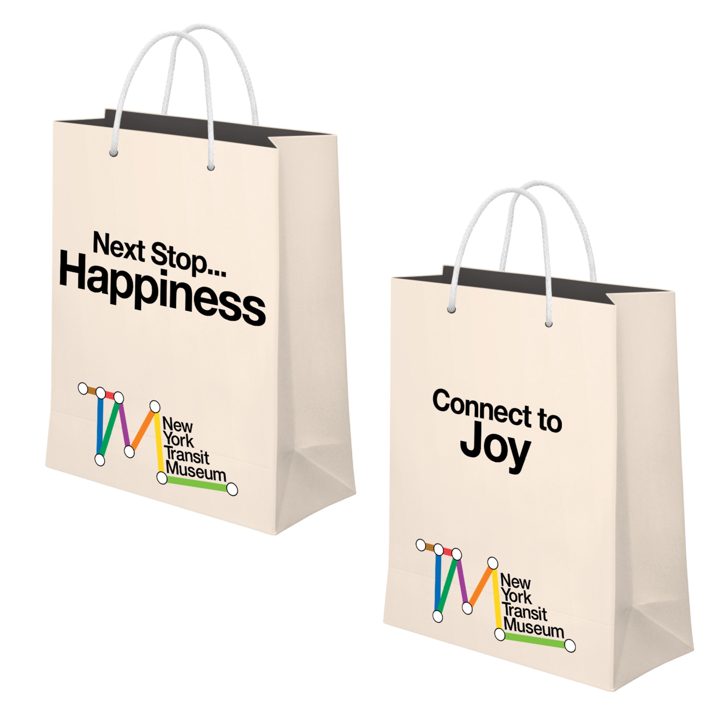 Mockup of two tan colored shopping bags. One bag says, Next Stop... Happiness, while the other says, Connect to Joy