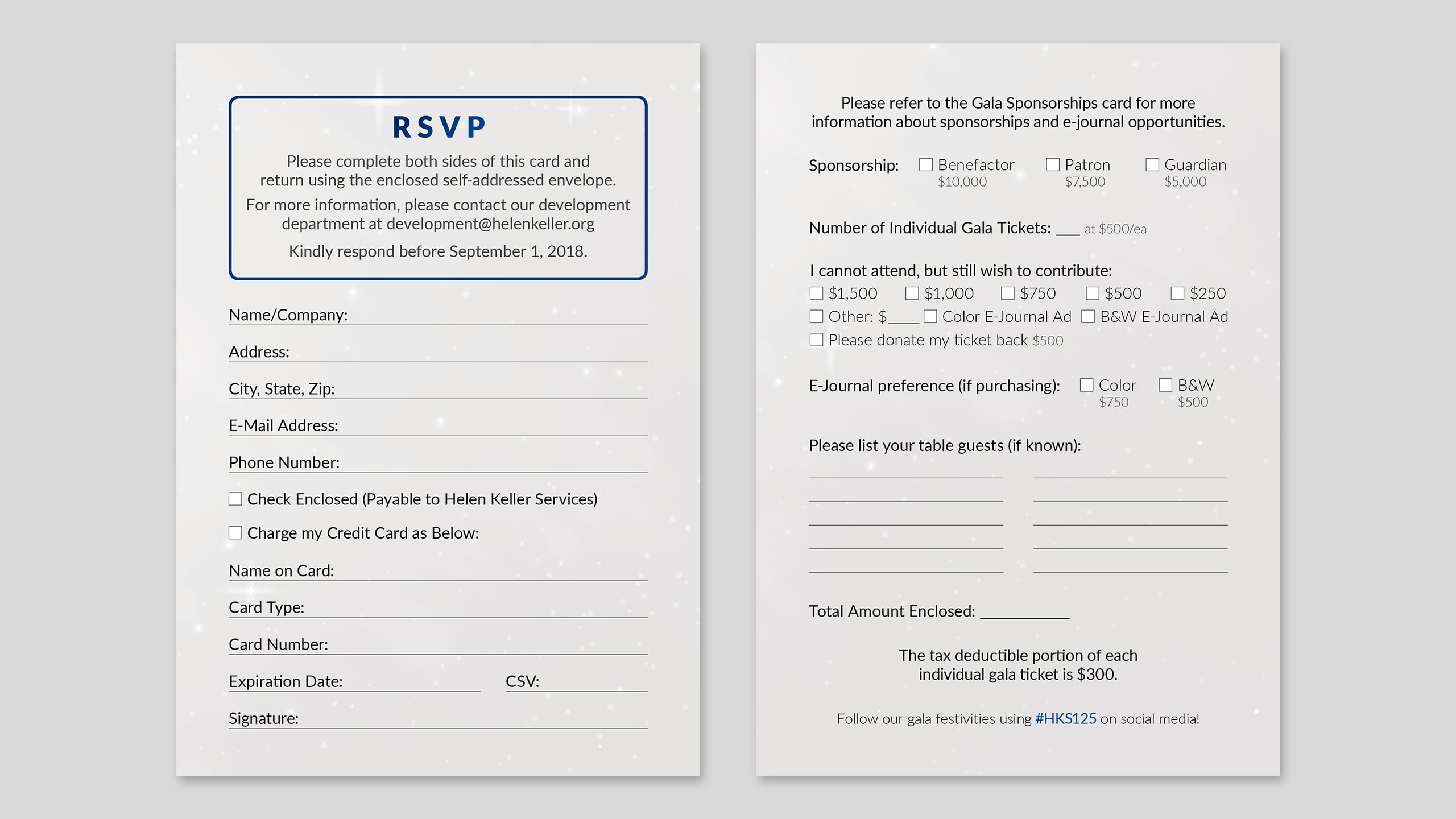 Mockup of a double sided RSVP card, with options to choose a donation or sponsorship