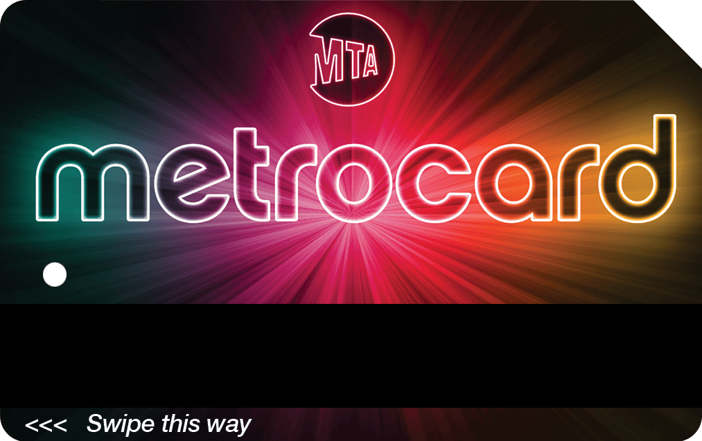 Photo of the front of a MetroCard. The design of the card features the word MetroCard spelled out in large colorful circles.
