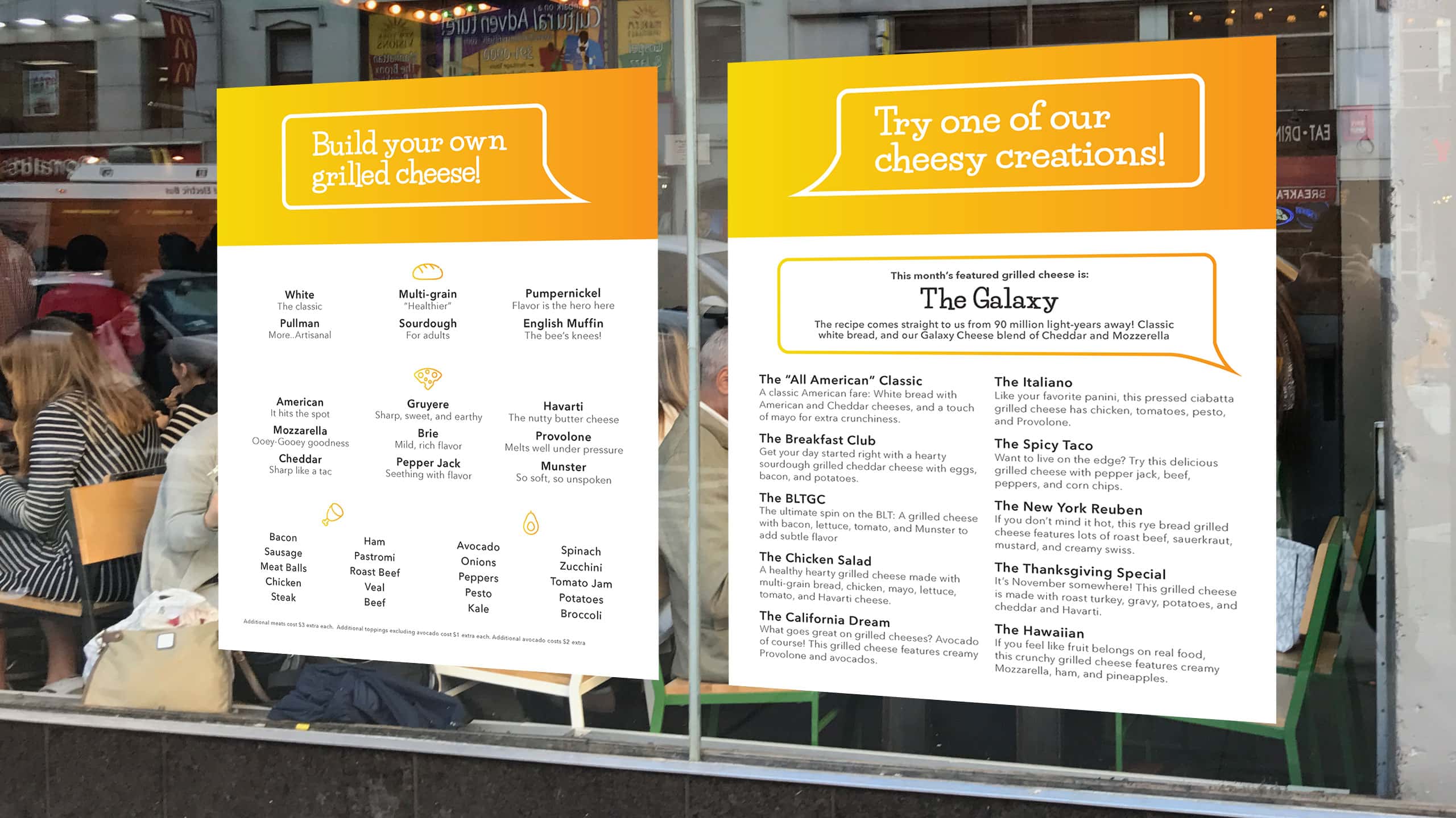 Mockup of two large menu posters on a window
