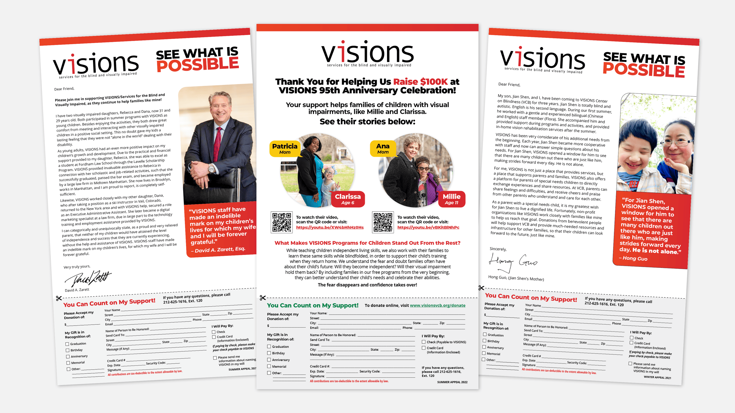 Mockups of different designs of VISIONS seasonal mail appeals, featuring stories of families who benefitted from the services they received.