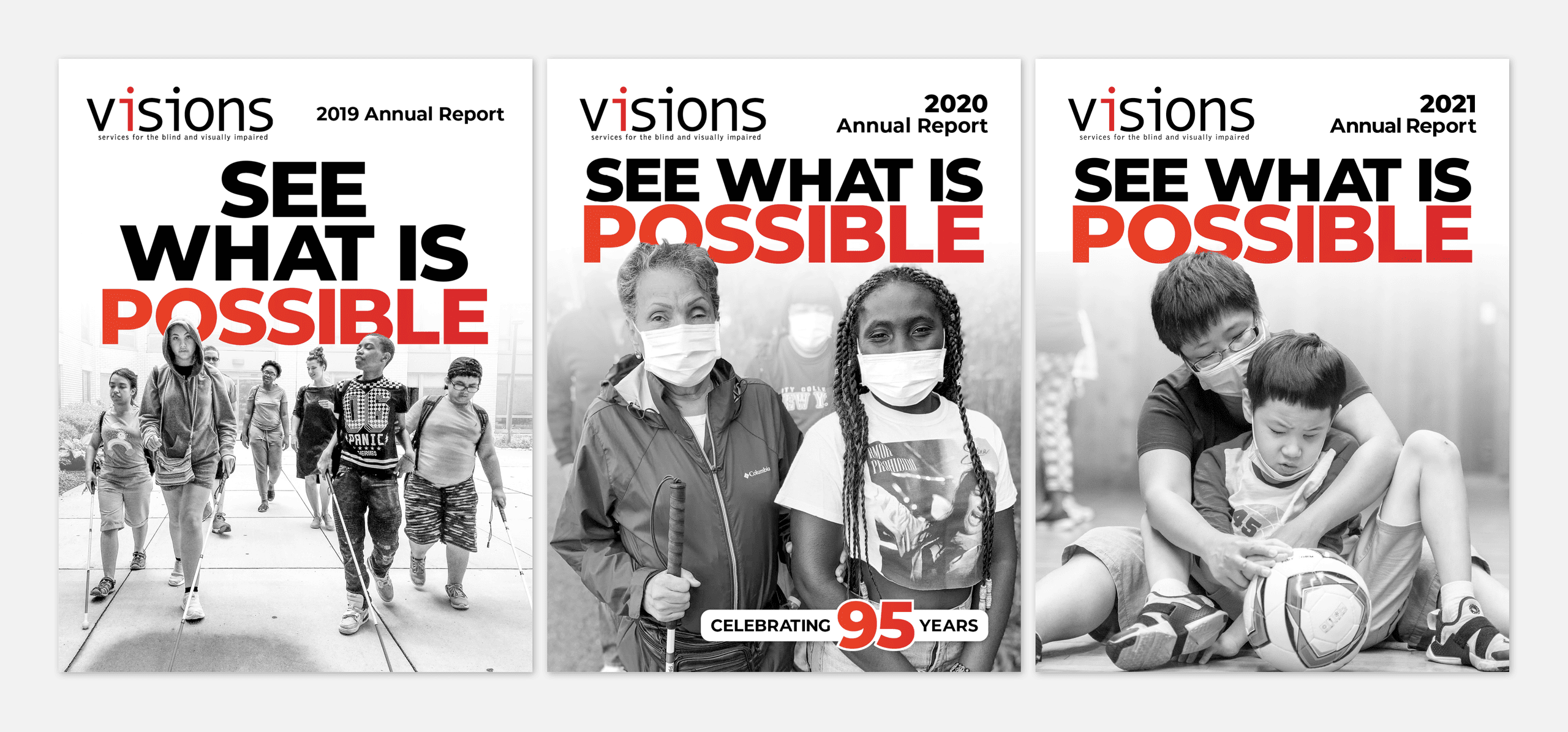Mockups of VISIONS annual reports, each featuring a stunning black and white photo of participants receiving services from VISIONS. On each one, large bold text reads, 