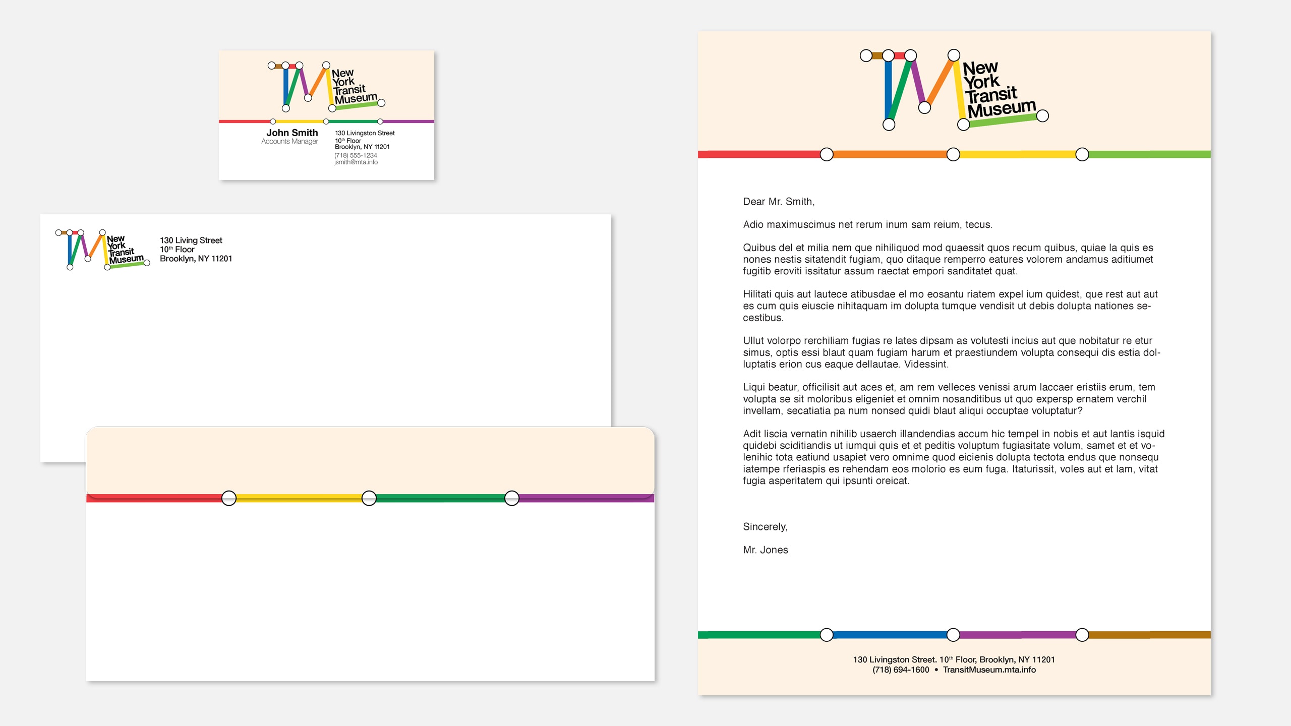 Mockup of a Transit Museum business card, envelope, and letterhead